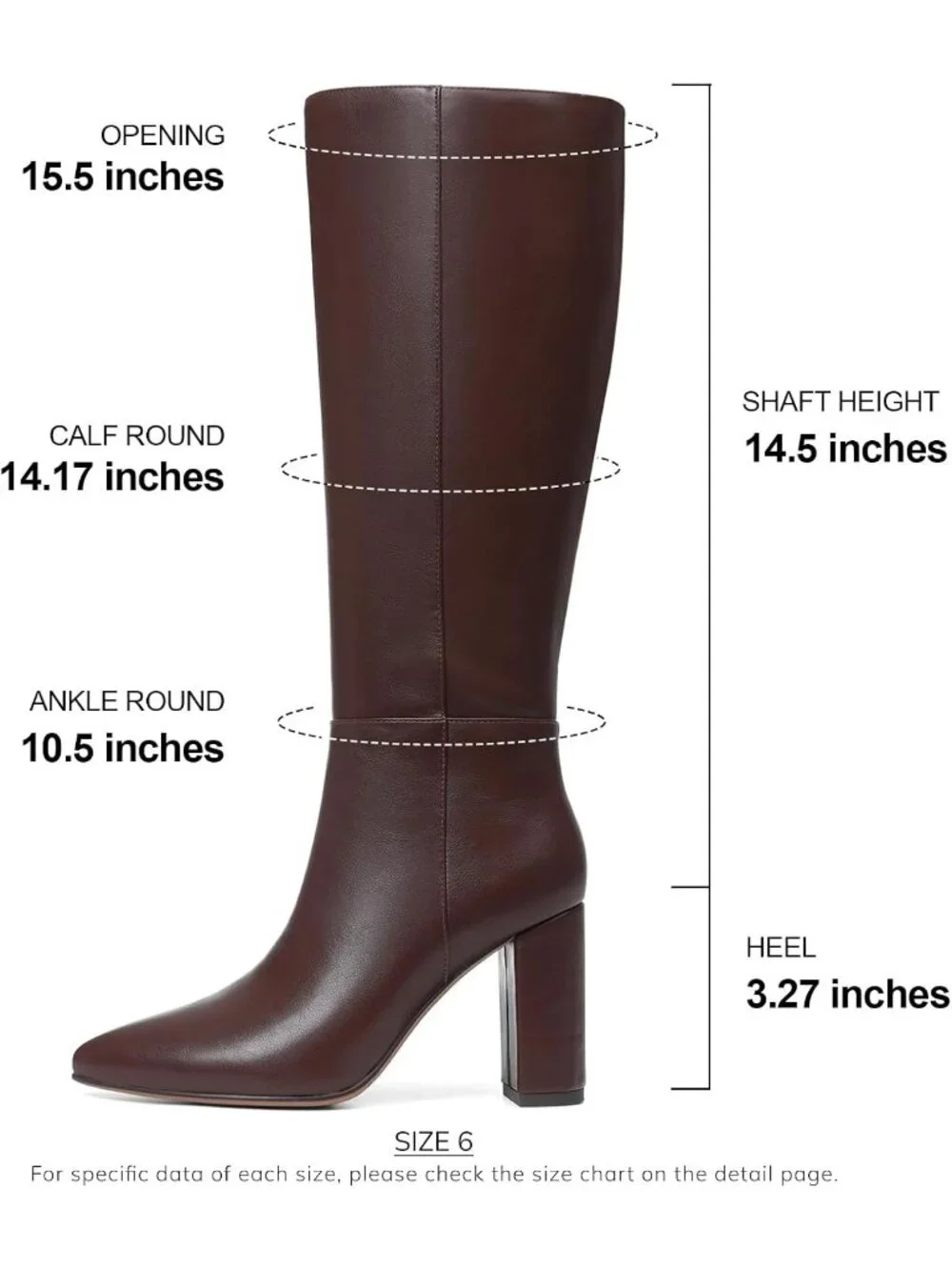 Women's Dark Brown Chunky Heel Pointed Toe Non Slip Side Zipper Knee High Boots